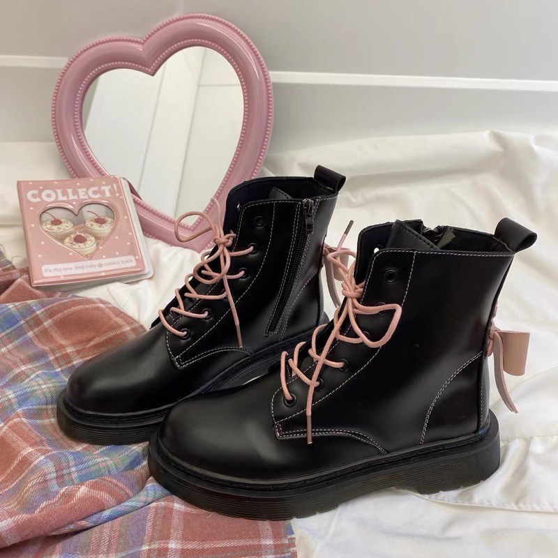 Giày boots (bốt) thấp cổ dáng Dr Martens dây hồng phối nơ sau ulzzang [Yannie]