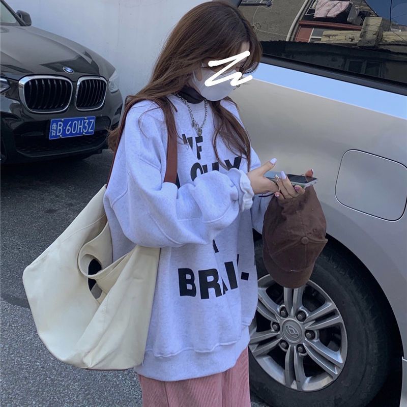 Áo Thun Nỉ Dài Tay Dáng Rộng In Chữ Phong Cách Hàn Quốc Thời Trang Mùa Đông Mới Cho Nữ