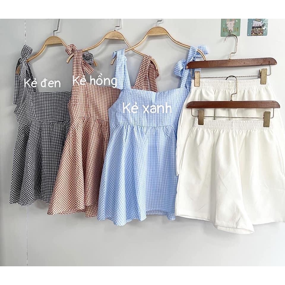 SQ002 Set áo 2 dây bản to buộc nơ caro xanh quần sooc ngắn ống rộng bộ áo hai dây quần short kiểu đi ngủ đi chơi mặc nhà