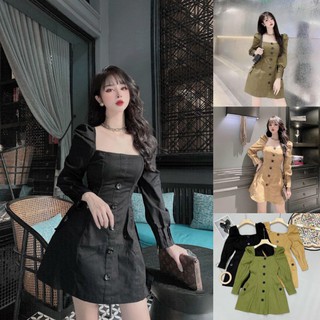 V0182 Đầm Kaki dáng chữ A, phối cúc dọc, tay eo chạy ly tỷ mỉ, kiểu dáng lịch sự