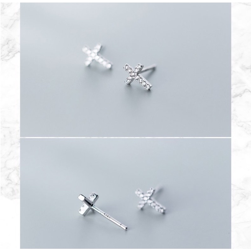 Khuyên tai bạc, bông tai nhỏ thánh giá đính full đá