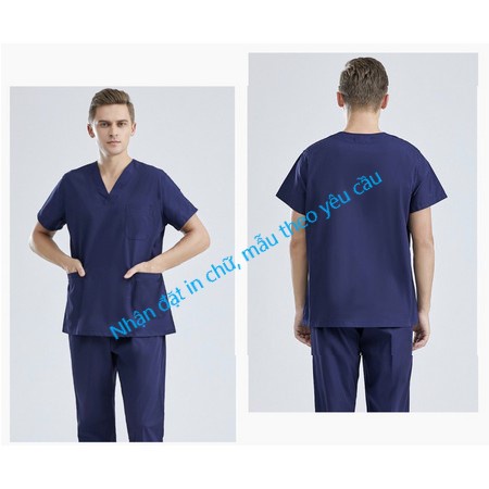 Bộ Scrubs Bác Sĩ, Bộ Kĩ Thuật Viên Phòng Mổ, Quần Áo Blouse Nam/Nữ Màu Xanh Than Navi Vải Lon Mỹ Mát