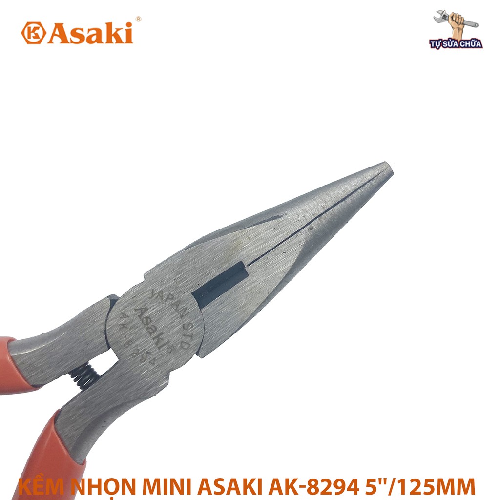 Kềm Kìm nhọn mỏ dài mini Asaki AK-8294 5 inch 125mm có lưỡi cắt dây