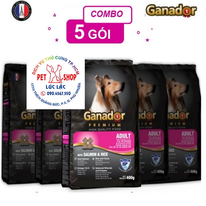 FREESHIP Combo 05 Gói x 400 gram Thức ăn cho chó trưởng thành Ganador vị cá hồi &amp; gạo Salmon &amp; Rice