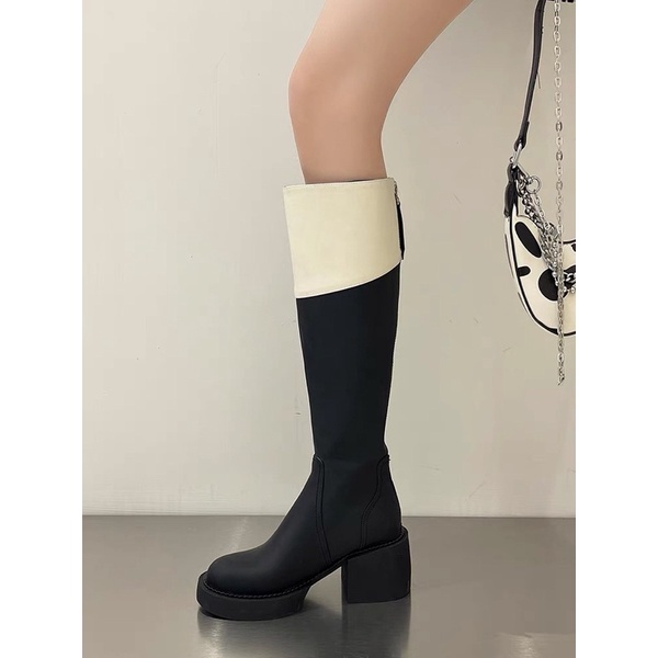 N65  Boots đầu gối da bóng nhẹ đế cao mẫu mới 2022 phối màu đen trắng nâu siu lạ siu xinh