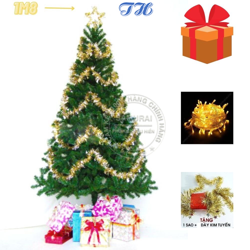 Cây thông noel 1m8 trang trí giáng sinh tặng kèm ngôi sao đỉnh, dây kim tuyến và dây đèn led trang trí nhà cửa