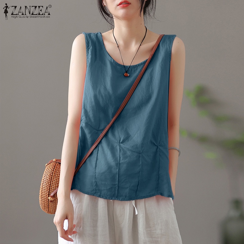 Áo sát nách ZANZEA cổ tròn xếp ly màu trơn phong cách cổ điển thời trang cho nữ