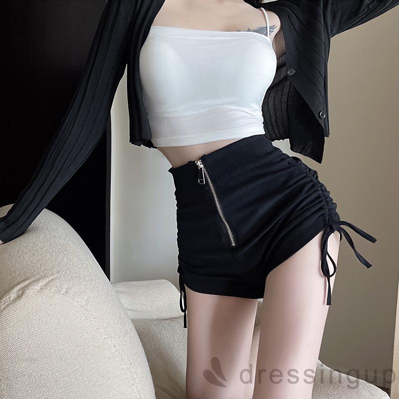 Quần Short Lưng Cao Màu Trơn Có Dây Rút Và Khóa Kéo Thời Trang Cho Nữ