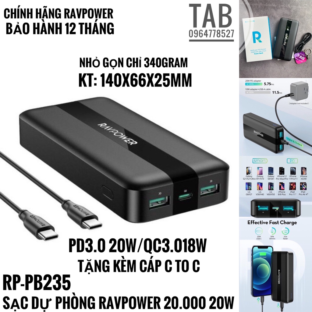 Sạc Dự Phòng RavPower 20.000 20w 3 Cổng - Chính Hãng (RP-PB235)