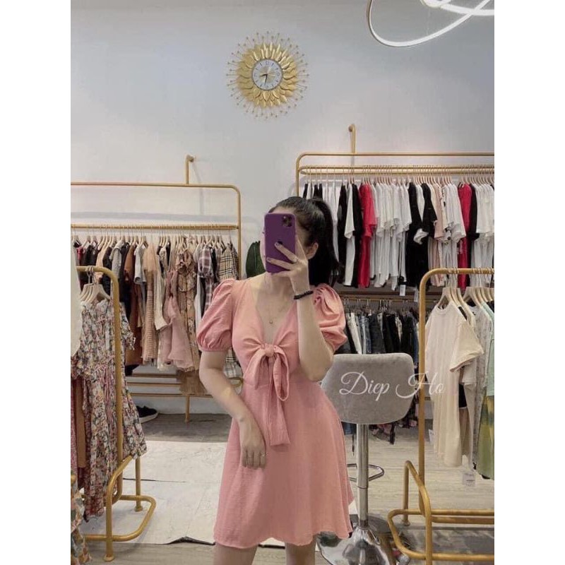 Váy Cổ V Buộc Nơ Ngực Màu Pastel Nhẹ Nhàng