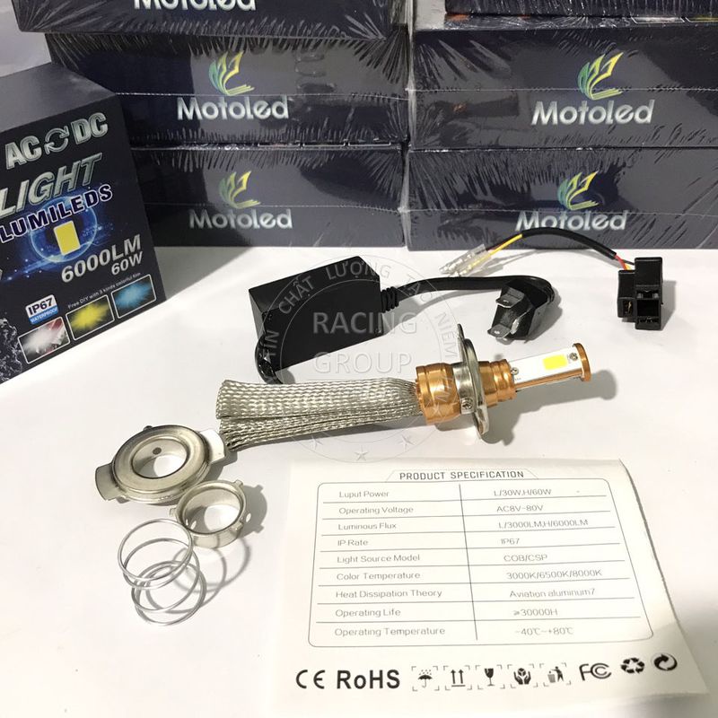 Đèn pha led xe máy Motoled 2in1 chân T19 H4 có râu tản nhiệt 6000 lumen siêu sáng