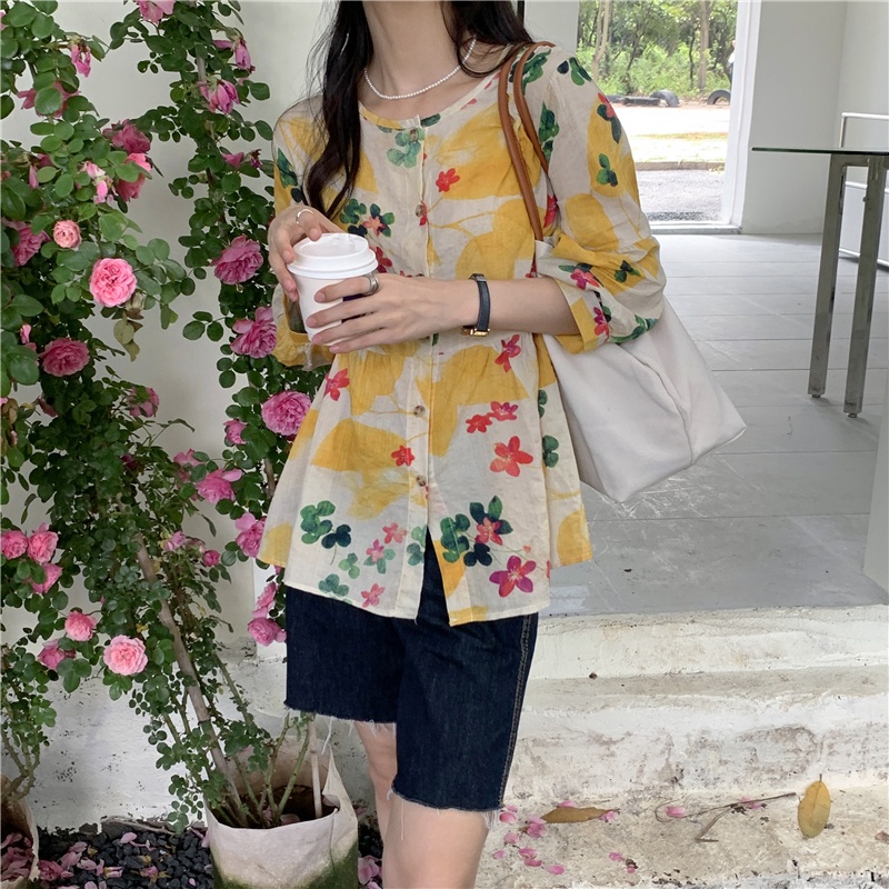 SUXI Áo Kiểu Tay Dài Cổ Tròn Hoạ Tiết Hoa Phong Cách Hàn Quốc