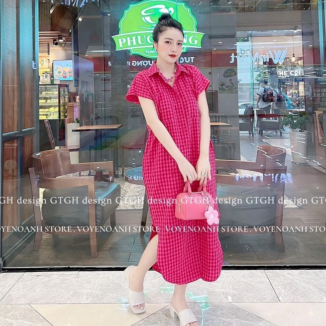 Đầm sơ mi LINH RUBI STORE váy dáng suông dài có túi cạnh họa tiết kẻ caro chất thô mềm cao cấp V291