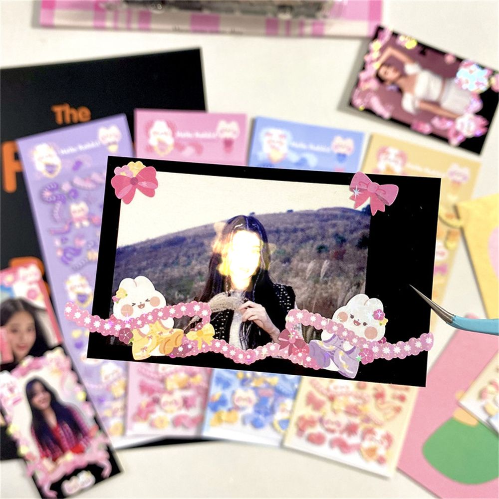 Miếng dán trang trí điện thoại hình gấu phối ren và ruy băng màu laser