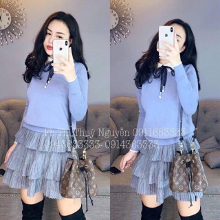 set áo len cổ nơ ren chân váy tầng