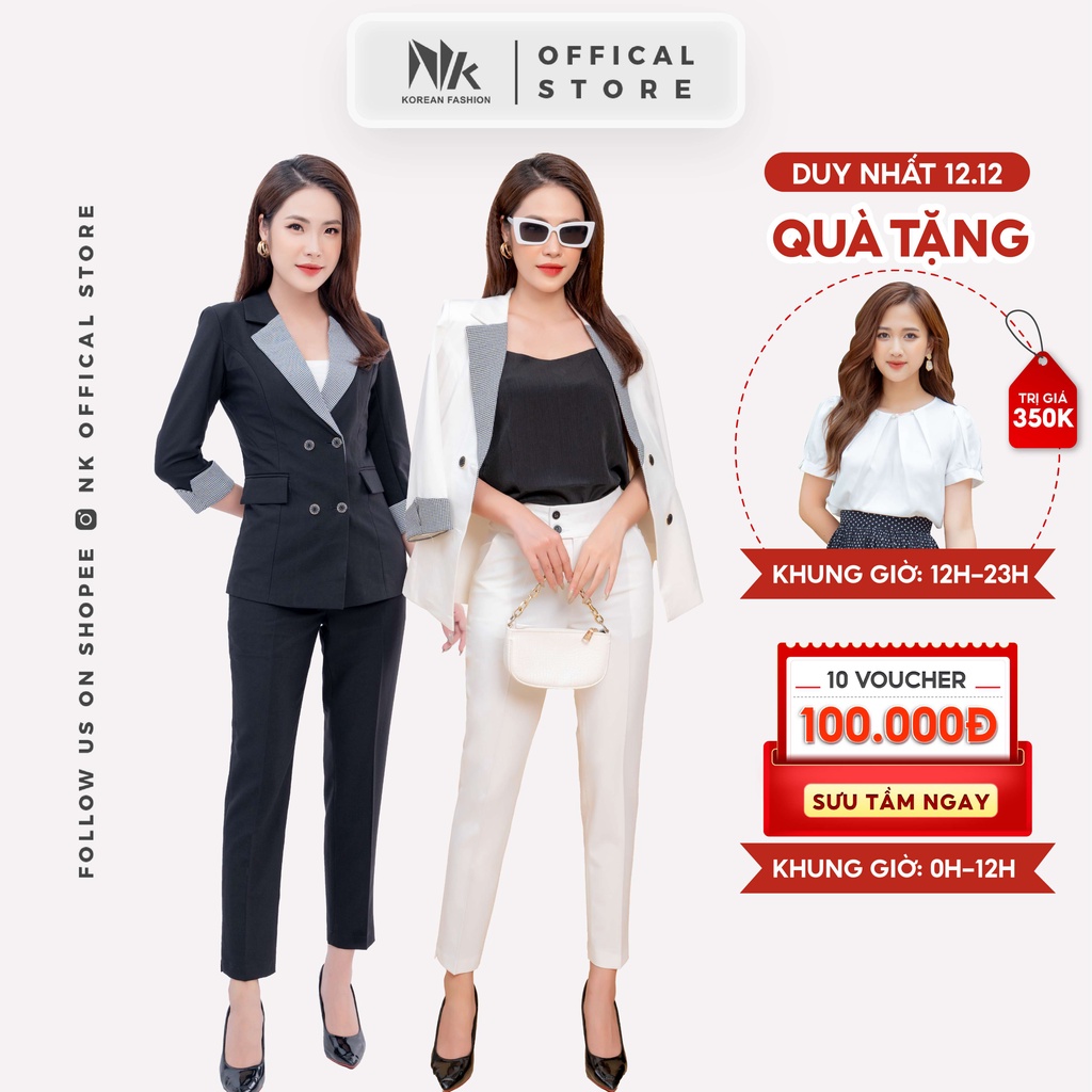 Bộ Vest Nữ Công Sở NK Fashion Thiết Kế Tay Lỡ Phối Kẻ Quần Tây Ống Đứng Chất Vải Nhập Hàn NKFBD2108005