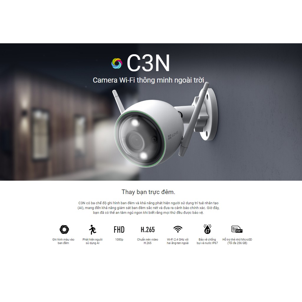 Camera IP Wifi (Hikvision) EZVIZ C3N 2MP - FHD 1080P - Full Color - Chuẩn Nén H.265 | Ezviz C1C-B - C6N - TY1 - TY2