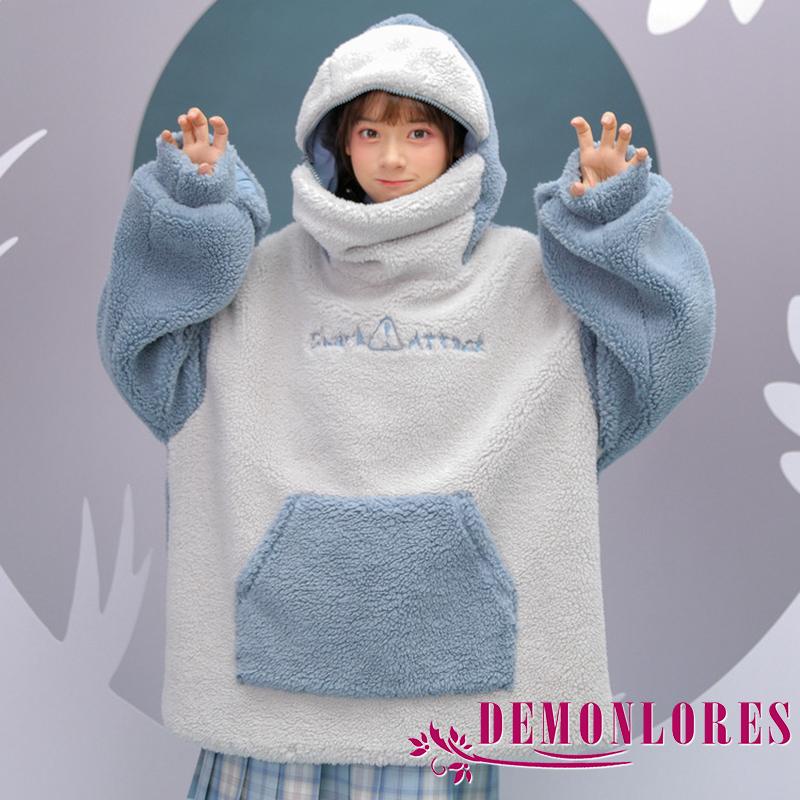 Áo len tay dài dáng rộng rãi họa tiết in hình cá mập hoạt hình dành cho nữ