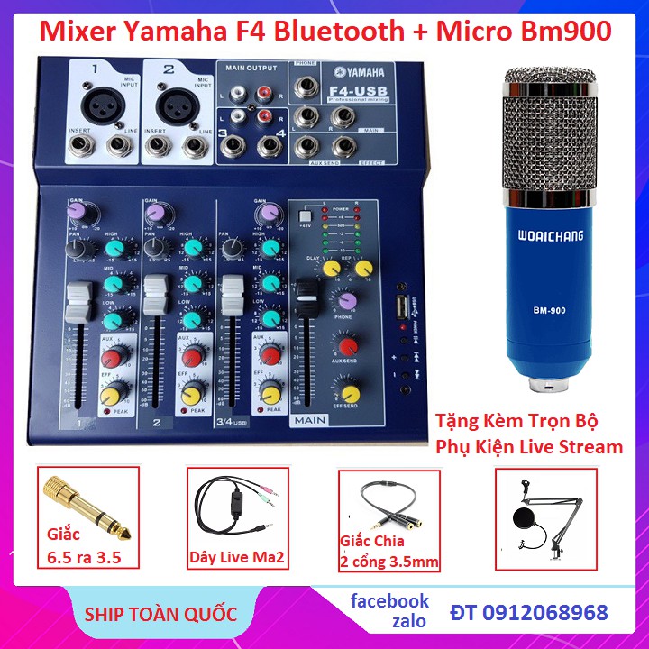 [Mã ELHACE giảm 4% đơn 300K] Combo Mixer Yamaha F4 Bluetooth, Và Micro Thu Âm Bm-900 hát Karaoke Online Tiếng Cực Hay