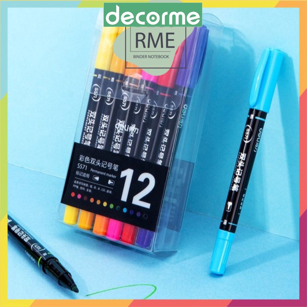 (Lẻ 1 bút) Bút marker 2 đầu DELI S571, set 12 bút nhiều màu viết trên mọi chất liệu DecorMe