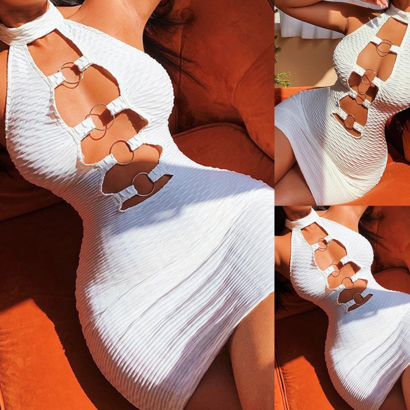 Brroa Đầm Mini Ôm Dáng Không Tay Khoét Rỗng Cổ Tròn Hở Lưng Có Vòng Kim Loại Gợi Cảm Mùa Hè Cho Nữ S