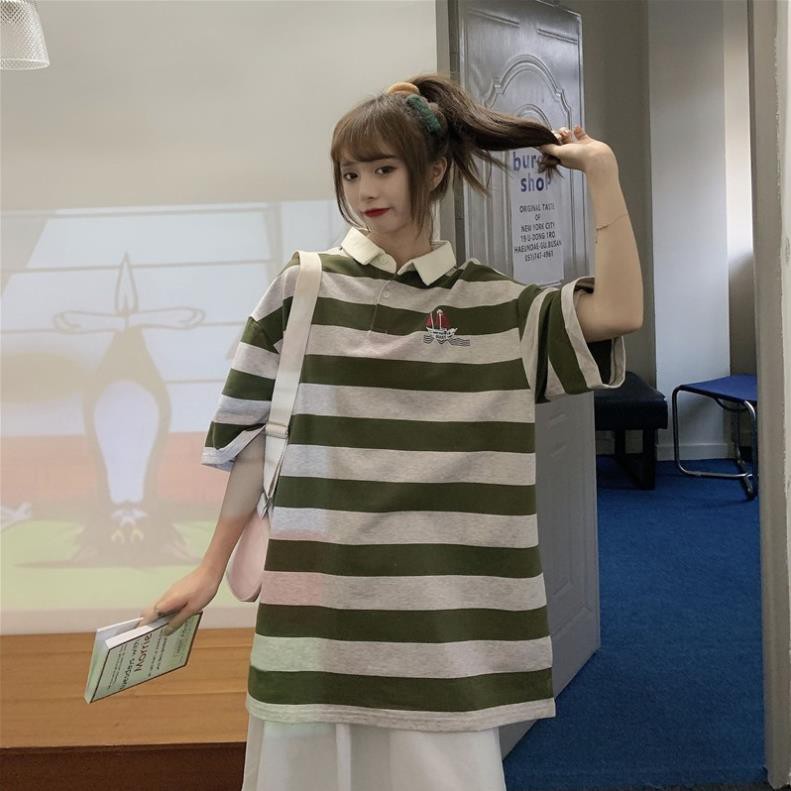 Áo Phông Ulzzang Tay Lỡ Sọc Ngang- Có Cổ  ྇ ea