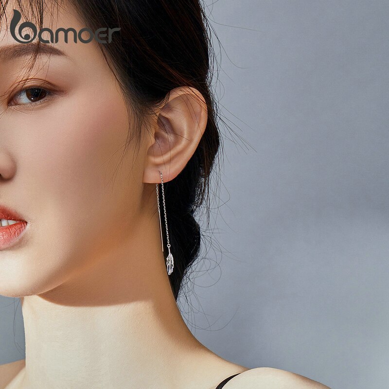 Bông Tai Bamoer SCE786 Dạng Tua Rua Dài Mặt Hình Lông Vũ Dành Cho Nữ