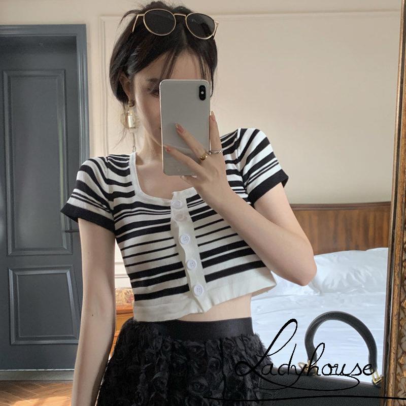 Áo Thun Dệt Kim Ngắn Tay Cổ Vuông Hai Màu Sắc Dành Cho Nữ