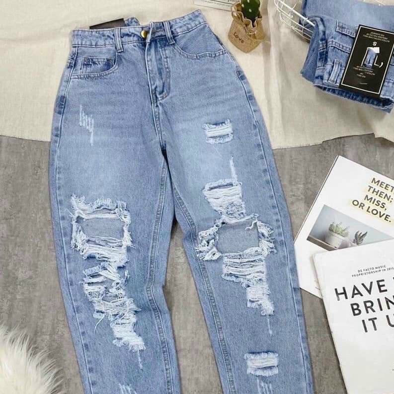 Quần baggy jeans nữ không co giãn muradfashion màu xanh rách cá tính BG448