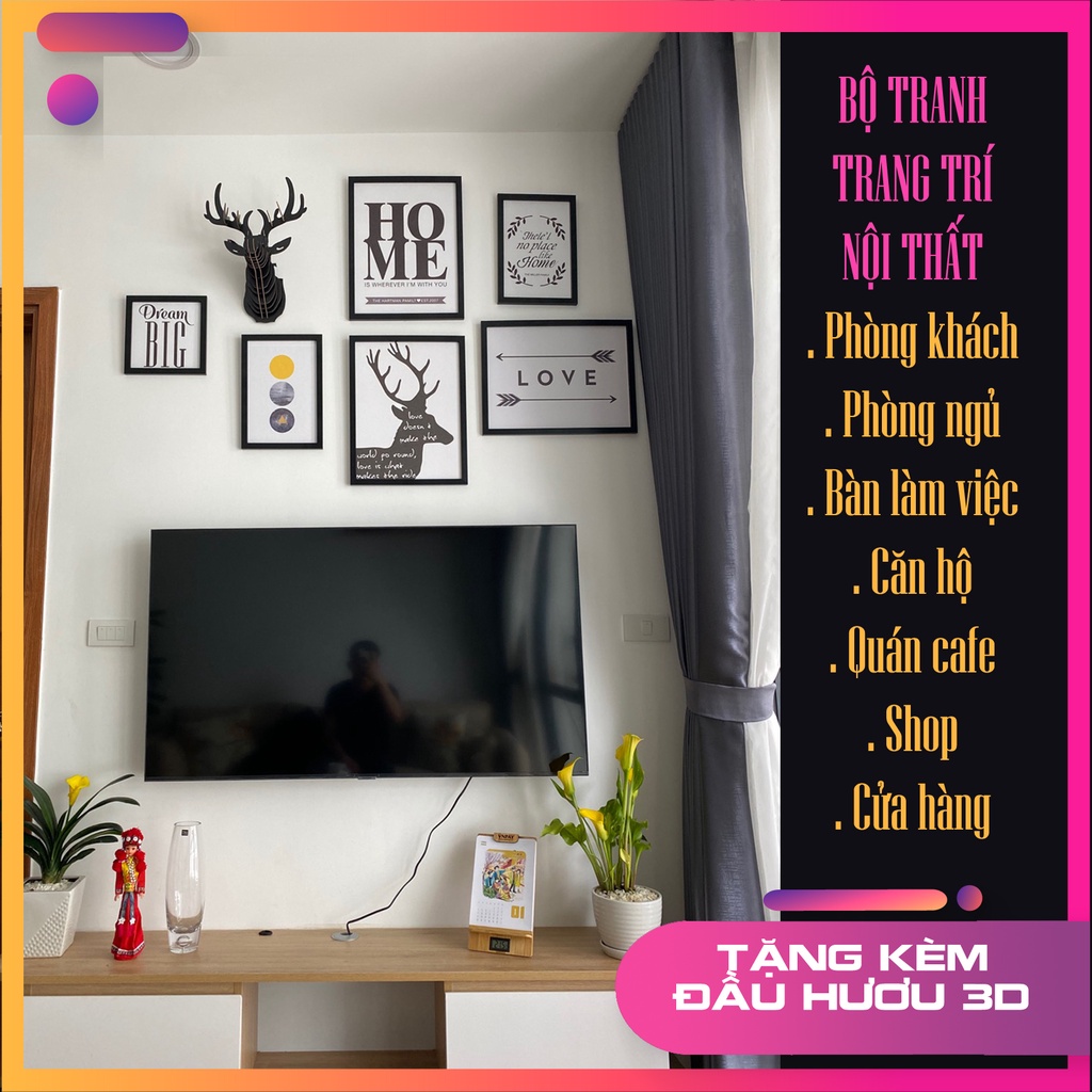 Bộ Tranh Treo Tường Đầu Hươu 3D Đương Đại, Trang Trí Phòng Khách, Phòng Ngủ - Combo Gồm 6 Bức, Có Khung Viền Gỗ