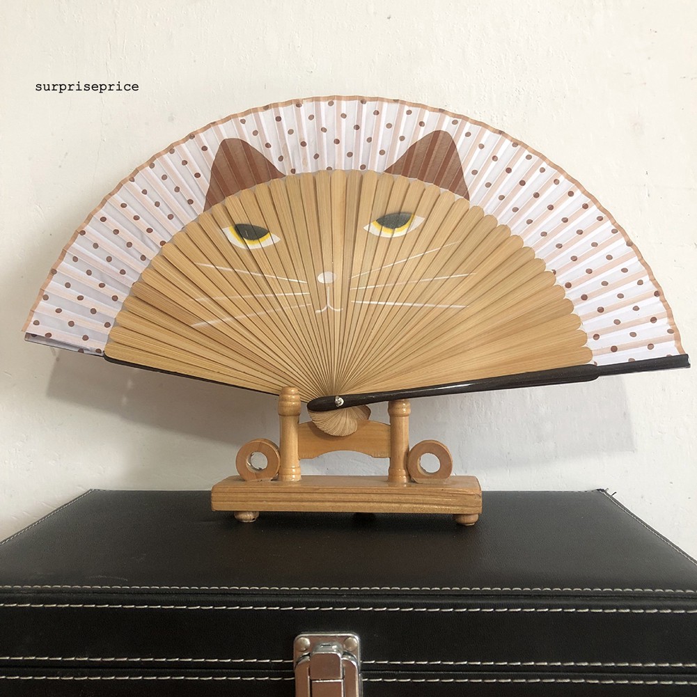 Quạt xếp cầm tay in hình mèo phong cách cổ điển