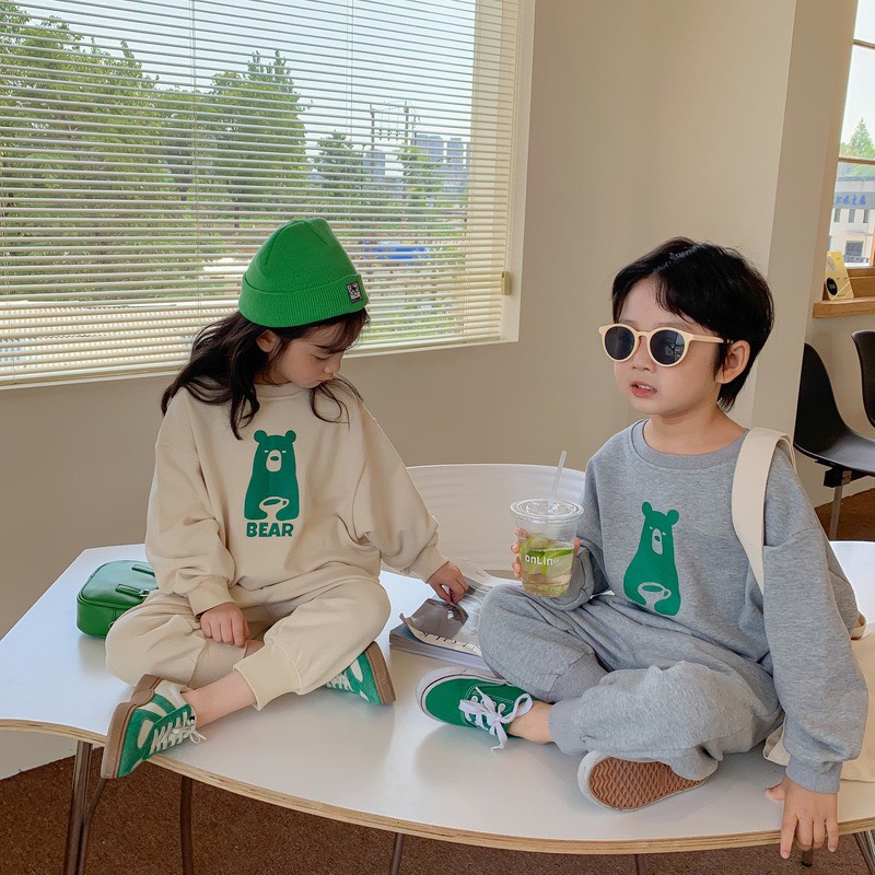 Bộ Quần Áo Nỉ Dài Tay Trẻ Em In Hình Gấu Bear Xanh Dễ Thương Cho Bé Từ 8-22kg Mã DT46