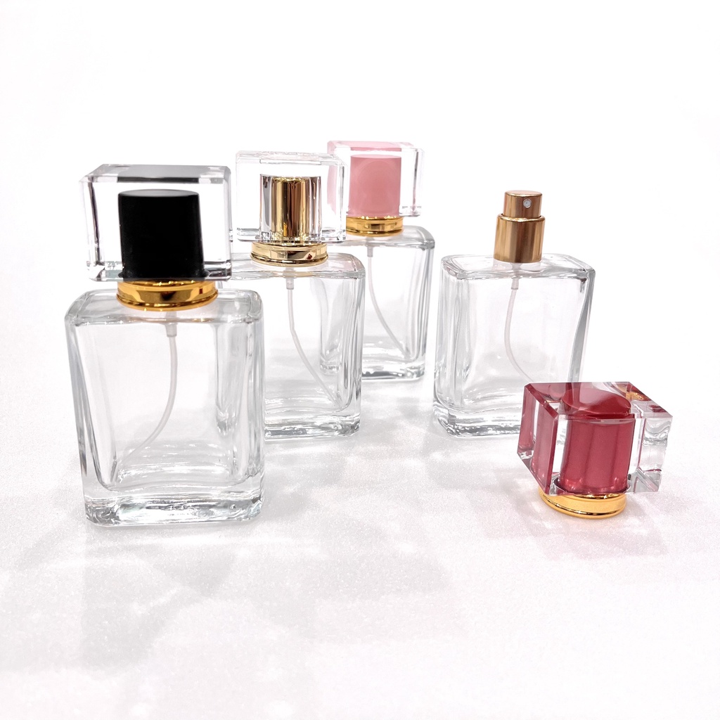 Chai-Lọ Đựng Nước Hoa Cao Cấp-Nắp Màu Trong Suốt-Thân Vuông Giáng Cao-Dung Tích 50ML