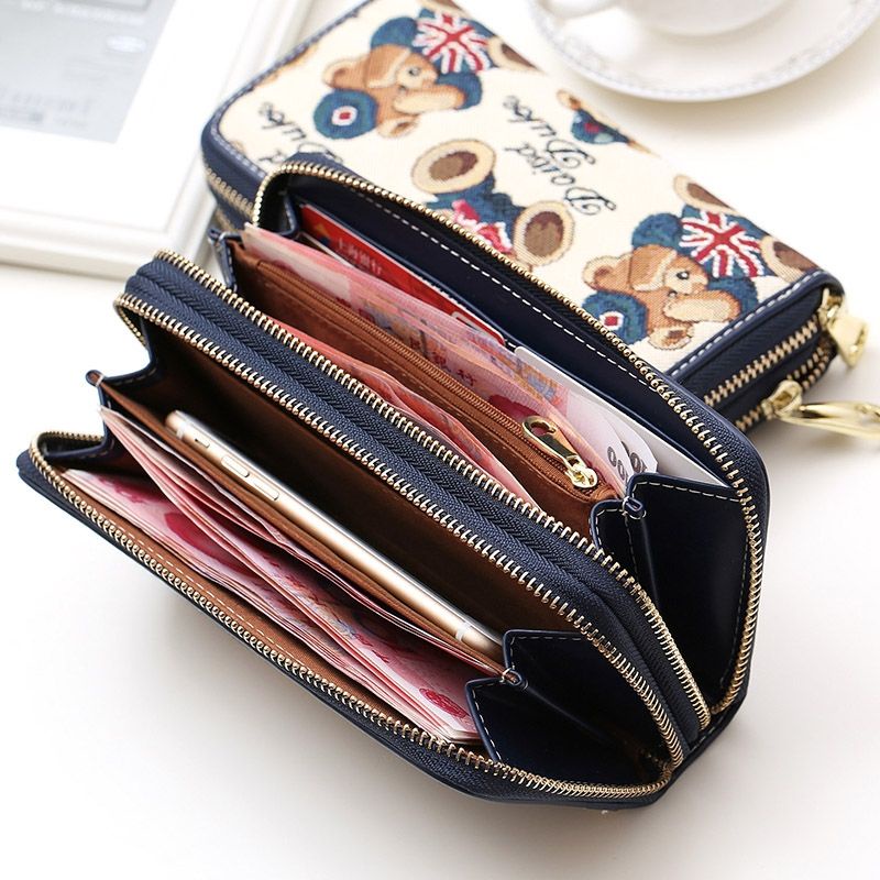 Ví Nữ Dài Nhiều Ngăn Đựng Tiền Đựng Điện Thoại Có Khóa Kéo In Hình Gấu Dễ Thương