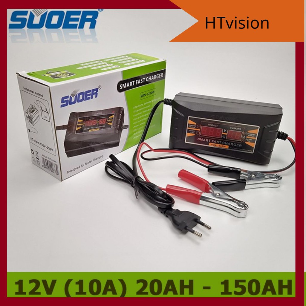 Sạc ắc quy Suoer SON-1210D+ 12V 20ah-150ah công nghệ sạc nhanh thông minh tự ngắt phù hợp cho ắc quy axit chì ac quy gel