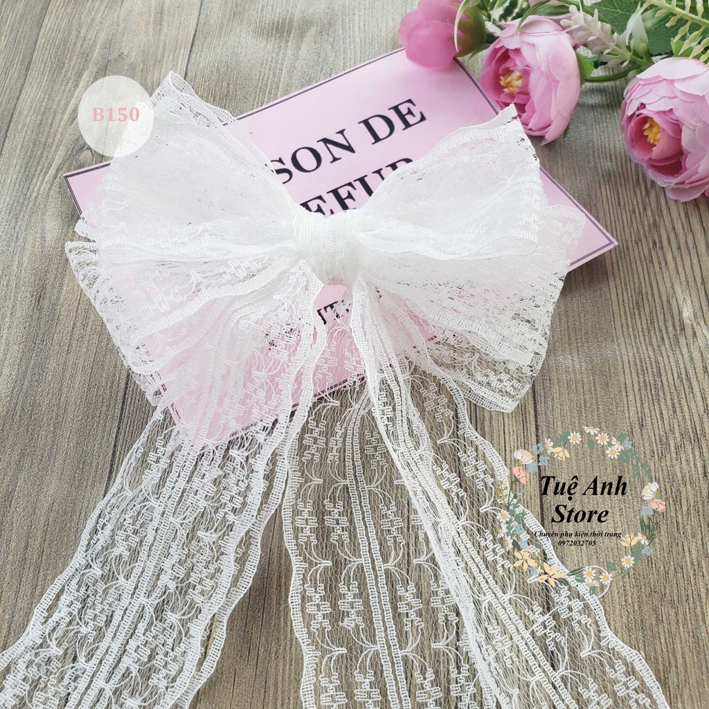 B150 - Cặp tóc nơ ren trắng tiểu thư