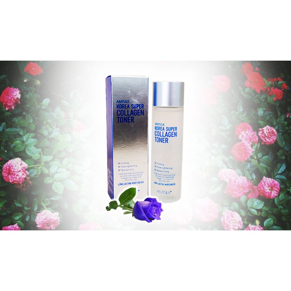 Nước hoa hồng, toner cân bằng da, se khít lỗ chân lông, dưỡng ẩm Amisilk Korea Super Collagen Toner Hàn Quốc 150ml