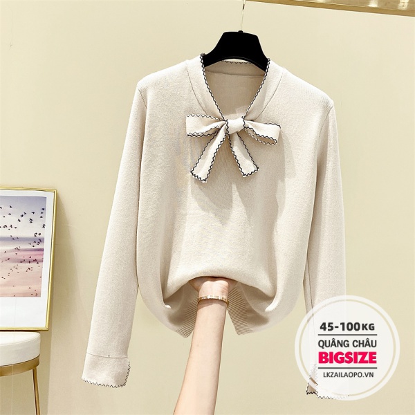 BIGSIZE Nữ (45-100kg) Áo sweater dệt kim dáng rộng phối nơ xinh xắn | BigBuy360 - bigbuy360.vn