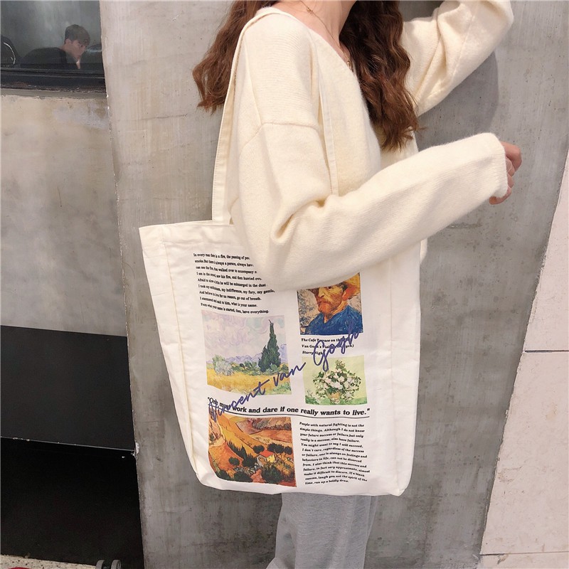 Túi vải Retro Túi Tote Canvas Đeo vai Ulzzang Phong cách Hàn Quốc Vintage