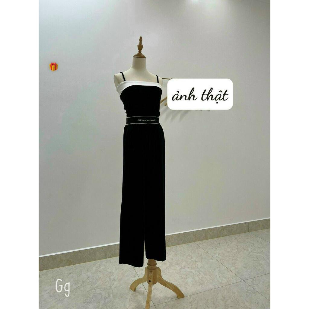 Set bộ mặc nhà đi chơi áo 2 dây croptop mix quần ống loe dáng dài kèm đai in chữ chất thun gân xinh hot