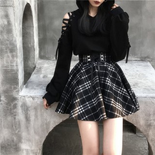 Set đồ cá tính áo hoodie tay dài màu đen nón có tai mèo form croptop + váy sọc lưng cao ngắn đan dây ulzzang(có riêng)