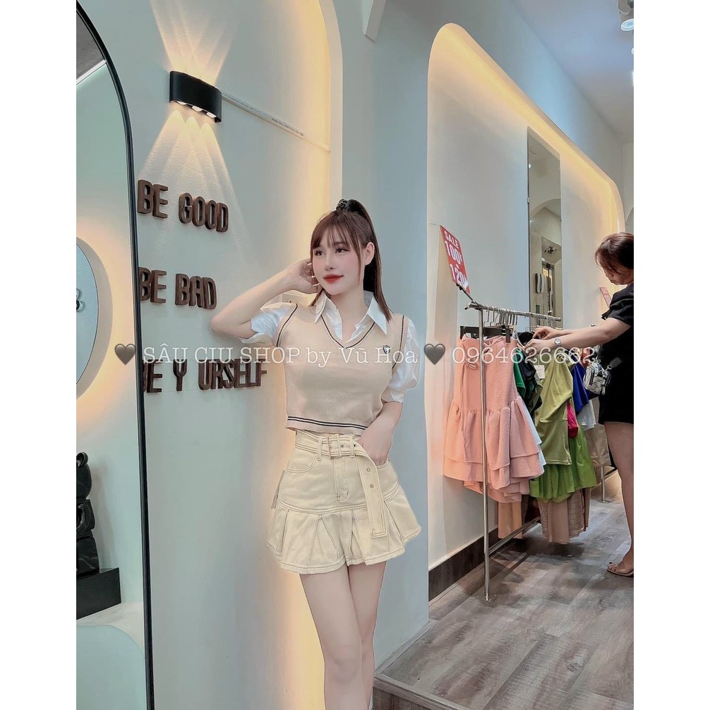 Áo len gile phối tay cổ sơ mi hot