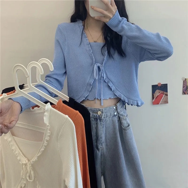 [Ảnh Thật] ÁO CROPTOP DIỀN BÈO CỘT THẮT DÂY TAY DÀI- ÁO KHOÁC NGOÀI CHẤT THUN GÂN MẶC ĐƯỢC 2 KIỂU CHIZISHOP CRT93