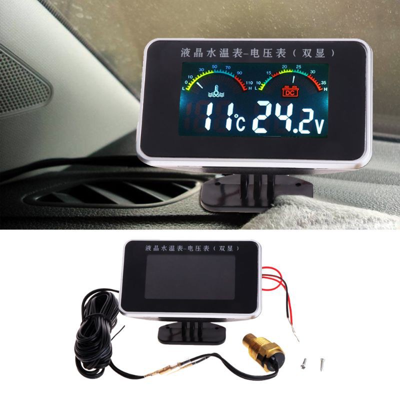 Vôn kế nhiệt kế đo nhiệt độ nước và điện áp 2 trong 1 màn hình LCD 12V/ 24V cảm biến 17mm dành cho xe hơi