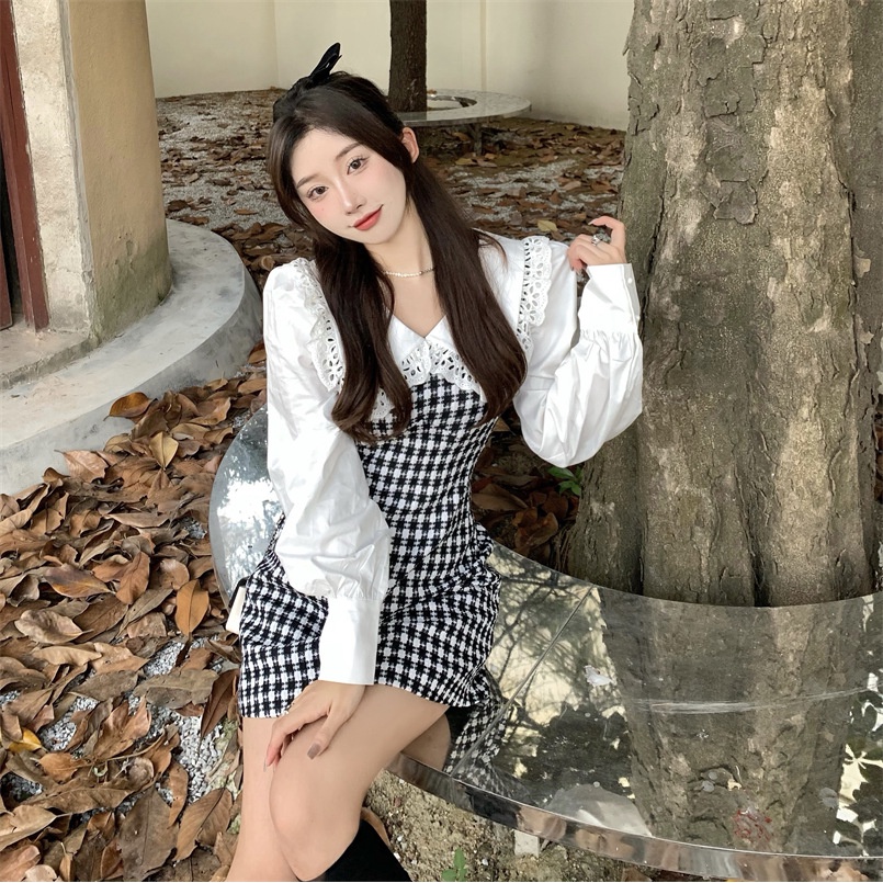 💙 Váy nữ dài tay kẻ caro phối cổ ren nữ tính - V07
