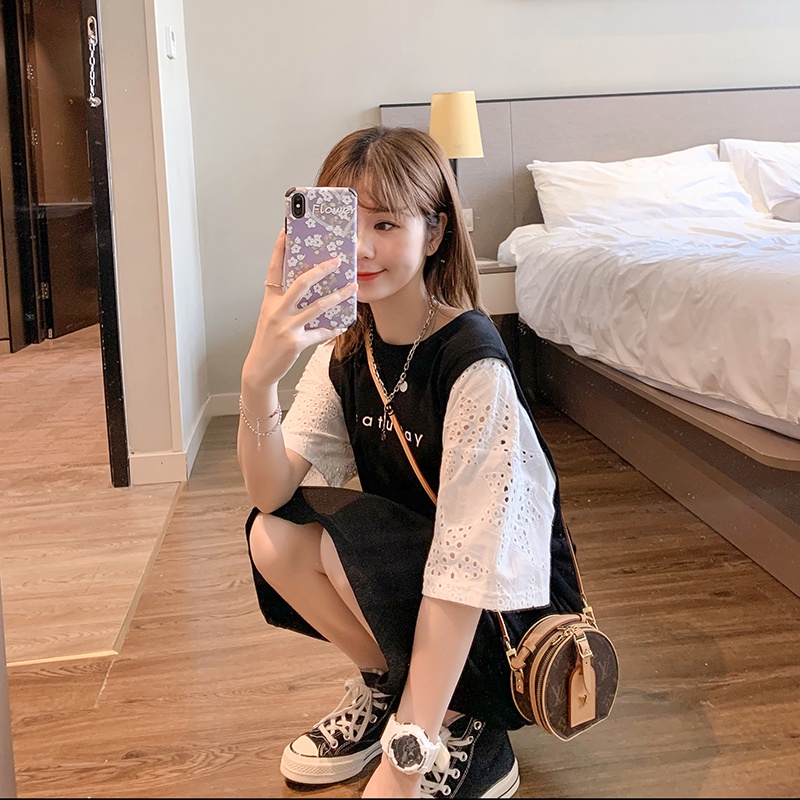 NRVP Đầm thun ngắn tay dáng rộng thời trang đường phố Hàn Quốc cho nữ