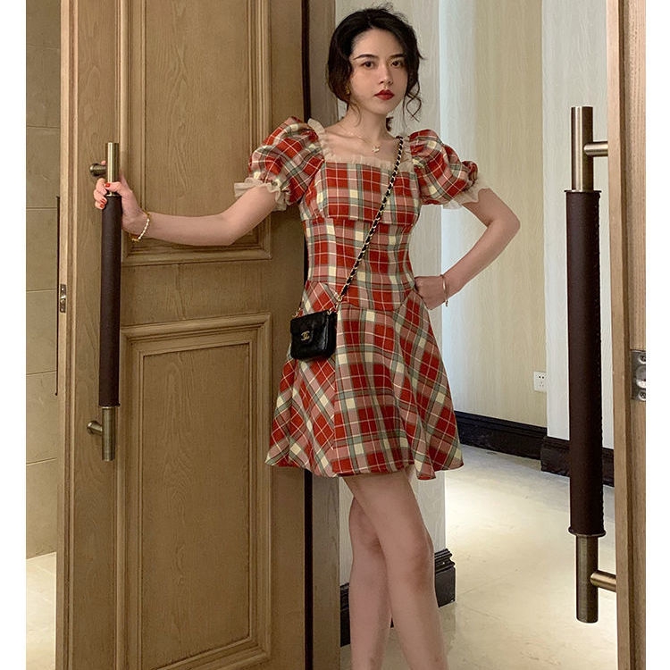 Large Size Dress Retro Plaid Red Dress Square Mouth Bubble Sleeve French Skirt 2020 New Summer | BigBuy360 - bigbuy360.vn