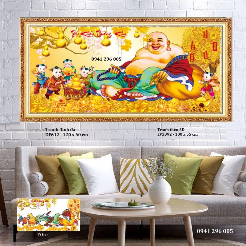 Tranh thêu phật di lac KT:100x55cm,Tranh chưa thêu .Tặng kéo và xỏ chỉ.