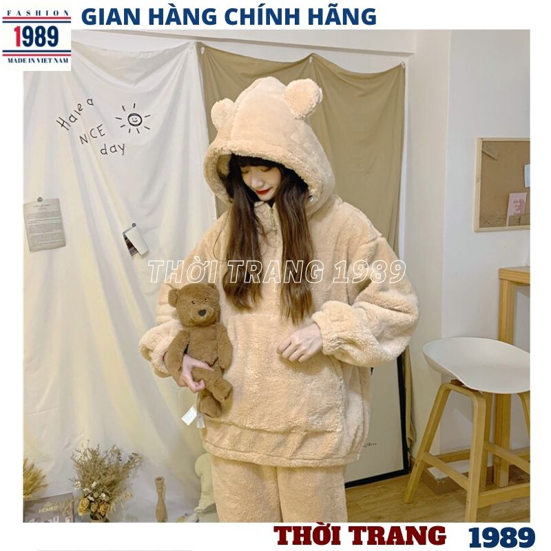 Bộ đồ mặc nhà lông gấu kute dễ thương kiểu dáng hàn quốc, bộ ngủ  lông ,ấm áp mùa đông -PHƯƠNG 1989