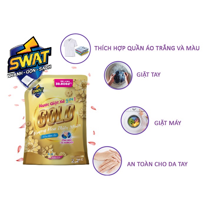 Nước Giặt Xả GOLD 5 in 1 SWAT hương Coco Mademoiselle sang trọng Túi 2.2Kg Tiện Dụng diệt khuẩn lưu hương lâu CLEANHOUSE